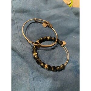Alex and Ani Lot of 2 Black Beaded and Cross Expandable Bangle Bracelets Silver
